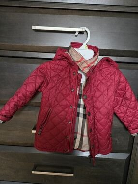 Burberry Red Quilted Hooded Kids Jacket with Plaid Trim